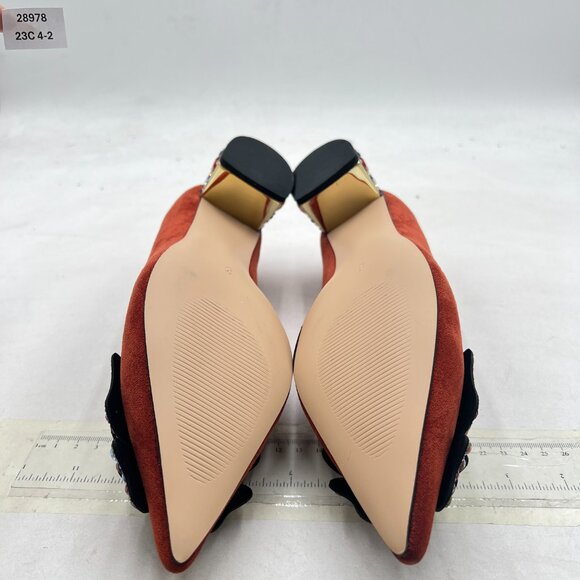 YDN Brown Suede Pointed Toe Bow Pumps Rhinestone Block Low Heel Butterfly Shoes - Picture 7 of 8